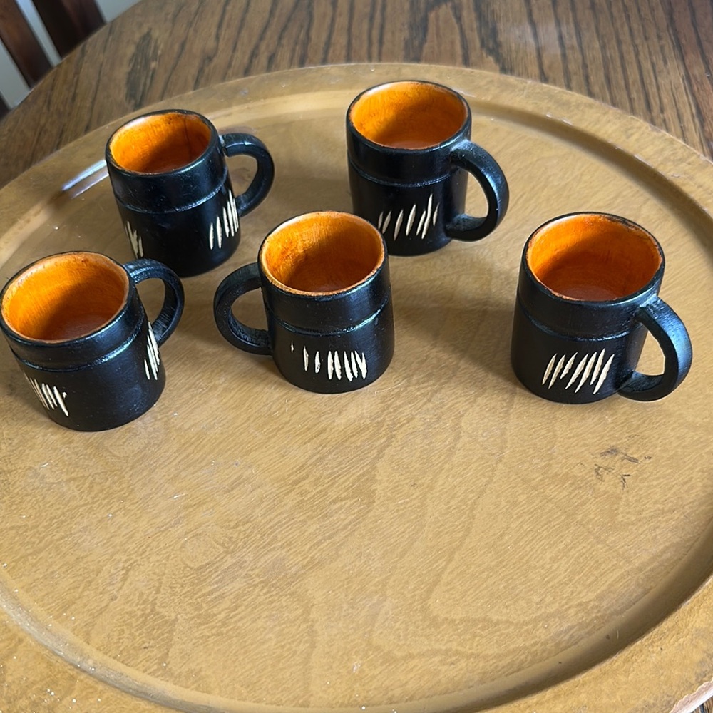 Antique Hand carved Bamboo Wine Sake Espresso tasting Mugs Set